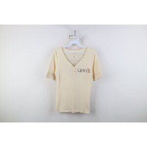 Vtg Y2K Levis Woemns Large Babydoll Cropped Thermal Waffle Knit Henley T-Shirt